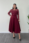 Top Fringed Sequin Bottom Crepe Fabric Midiboy Dress - BURGUNDY
