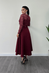 Top Fringed Sequin Bottom Crepe Fabric Midiboy Dress - BURGUNDY