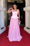 Üst Saten Alt Sifon Tasarım Elbise - PEMBE