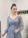 Uzun Kol Kemerli Tül Elbise - GRİ