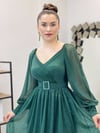 Uzun Kol Kemerli Tül Elbise - ZÜMRÜT