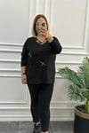Büyük Beden Gold Taşlı Siyah Bluz