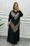 Büyük Beden Leopar Desenli Uzun Kollu Siyah Elbise