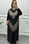 Büyük Beden Leopar Desenli Uzun Kollu Siyah Elbise