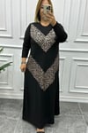 Büyük Beden Leopar Desenli Uzun Kollu Siyah Elbise