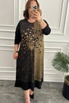 Büyük Beden Sarı Desenli Uzun Siyah Elbise