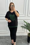 Büyük Beden Yaprak Desenli Yeşil Ribanalı Siyah Bluz