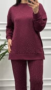 Full Taşlı Yuvarlak Yaka Bordo Takım
