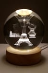 FransaDünyadan HediyelerDNY-HDYPRS31Keskin Hediyelik Eşya Ve TekstilParis Kristal Cam Küre 8cm Led Işıklı Usb Kablolu Ahşap Stantlı Gece Lambası