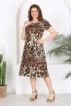 Kadın Kahve Siyah Leopar Desen Midi Elbise