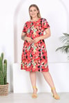 Kadın Kırmızı Floral Suluboya Desen Midi Elbise