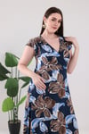 Kadın Lacivert Floral Desen Fırfır Kol Kruvaze Yaka Büyük Beden Esnek Maxi Elbise