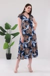 Kadın Lacivert Floral Desen Fırfır Kol Kruvaze Yaka Büyük Beden Esnek Maxi Elbise