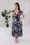 Kadın Lacivert Floral Desen Fırfır Kol Kruvaze Yaka Büyük Beden Esnek Maxi Elbise