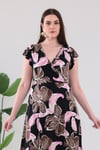 Kadın Pembe Floral Desen Fırfır Kol Kruvaze Yaka Büyük Beden Esnek Maxi Elbise