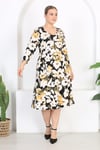 Kadın Siyah Sarı Floral Desen V Yaka Truvakar Kol Büyük Beden Esnek Elbise