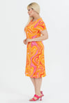 Kadın Turuncu Pembe Dalga Desen Midi Elbise