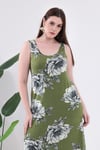 Kadın Yeşil Beyaz Çiçek Desen Askılı Büyük Beden Elbise