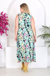 Kadın Yeşil Floral Suluboya Desen Kolsuz Kruvaze Yaka Büyük Beden Maxi Elbise