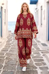 Bordo Otantik Desenli Pantolon Bluz Takım