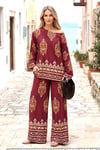 Bordo Otantik Desenli Pantolon Bluz Takım