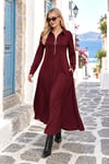 Bordo Yaka Farmuarlı Modal Uzun Elbise