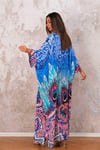 Mavi Dik Yaka Desenli Yarasa Kol Oversize Uzun Elbise