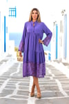 Purple Buttoned Midi Dress with Lace Pompoms on Sleeves and Skirts