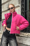 Pembe Dik Yaka Çıtçıtlı Fermuarlı Kısa Şişme Mont