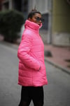Pembe Dik Yaka Uzun Şişme Mont