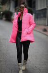 Pembe Dik Yaka Uzun Şişme Mont