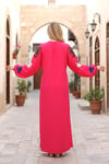 Pembe Sıfır Yaka Önü ve Kolları Nakışlı Püsküllü Uzun Elbise
