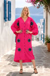 Pembe V Yaka Göz Nakışlı Cepli Oversize Uzun Gömlek Elbise