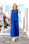 Saks Mavi Kırçıllı Pantolon Bluz İkili Takım