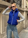Saks Mavi Sırtı Taş İşlemeli Dik Yaka Kısa Şişme Yelek