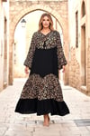 Siyah Balon Kol Leopar Desen Garnili Oversize Uzun Elbise