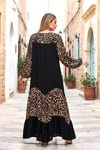 Siyah Balon Kol Leopar Desen Garnili Oversize Uzun Elbise