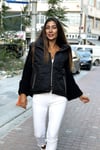 Siyah Dik Yaka Kolları Triko Cepleri Fermuarlı Şişme Mont