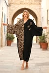 Siyah Leopar Desen Renk Bloklu Yıldız Aplike Nakışlı Cepli Oversize Uzun Elbise
