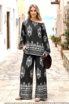 Siyah Otantik Desenli Pantolon Bluz Takım
