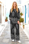 Siyah Otantik Desenli Pantolon Bluz Takım