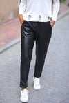 Siyah Suni Deri Beli Lastikli Cepli Jogger Pantolon