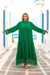 Green Long Dress with Lace Sleeves and Skirts Buttons on the Front and Layered Skirt