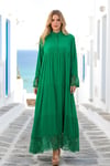 Green Long Dress with Lace Sleeves and Skirts Buttons on the Front and Layered Skirt