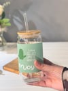 Bambu Kapaklı Cam Pipetli Kaktüs Kupa  430 ML - Yeşil