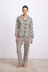 Anıl Kadın Uzun Kollu Gömlek Yaka Leopar Desenli  %100 Pamuk Pijama Takımı 11550