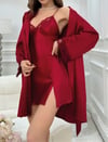 Arias Closet Bordo İnce Askılı Saten 2'li Gecelik Sabahlık Takımı