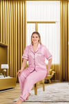 Arias Closet Büyük Beden Şık Tasarım Pembe Çizgili Düğmeli Uzun Kol Lüx Saten Pijama Takımı
