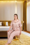 Arias Closet Büyük Beden Şık Tasarım Vizon Çizgili Düğmeli Uzun Kol Lüx Saten Pijama Takımı