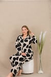 Arias Closet Büyük Beden Siyah Beyaz Kalp Desenli Düğmeli Uzun Kol Viskon Pijama Takımı